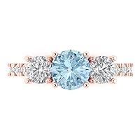 2.1 Brilliant Round Cut Solitaire 3 stone Accent Natural Aquamarine Anniversary Promise Engagement ring Solid 18K Rose Gold