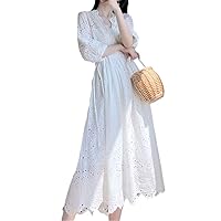 Bohemia Women White Long Dresses V-Neck Embroidery Lace Hollow Out Maxi Elegant Vintage Beach Dress