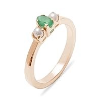14k Rose Gold Natural Emerald & Cultured Pearl Womens Trilogy Ring - Sizes 4 to 12 Available
