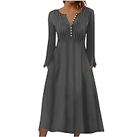 Women's Fall Dress Fashion Casual Solid Color Pocket V-Neck Pullover Long Sleeve Dresses, S-3XL
