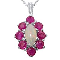 Ladies Solid 925 Sterling Silver Natural Opal & Ruby Cluster Pendant Necklace