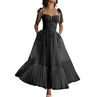 Spaghetti Straps Tulle Prom Dresses Tea Length Sweetheart Formal Gowns A-Line Party Princess Dress with Pockets