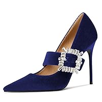 FSJ Women Graceful Pointed Toe High Heel Pumps Velvet Slip On Shining Rhinestones Stiletto Bridal Wedding Banquet Shoes Size 4-15 US