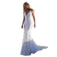 Women's Beach Wedding Dresses for Bride 2024 Satin Spaghetti Straps V-Neck Long Mermaid Bridal Dress HO011