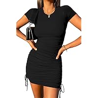 NENONA Women's 2024 Summer Ruched Bodycon Mini Dress Casual Short Sleeve Drawstring T Shirt Dresses