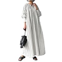 Women' Casual Oversized Dress Stripe Lantern Sleeve A-LINE Ankle-Length V-Neck Robe