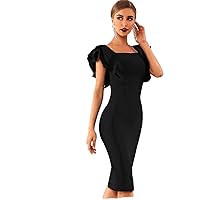 Women Dresses Solid Exaggerate Ruffle Trim Zip Back Cocktail Party Bandage Fancy Dress