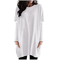 Women's Long Sleeve Undershirt Fashion Casual Solid Color Pockets Loose Cotton Tops and Blouses, S-5XL