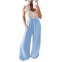 Womens Sleeveless Suspender Overalls Solid Baggy Wide Leg Long Pant Romper with Pockets