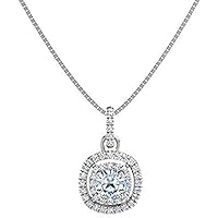 1.10 ctw Cushion Shape Created Aquamarine & Cubic Zirconia 925 Sterling Sliver Halo Pendant Necklace Gifts for Women's/Girls 14K Gold Plated