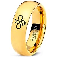 Bee Flying Insect Bug Wasps Beeswax Ring - Tungsten Band 8mm - Men - Women - 18k Rose Gold Step Bevel Edge - Yellow - Grey - Blue - Black - Brushed - Polished - Wedding - Gift Dome Flat Cut