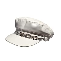 Fashion Hats for Women Autumn Winter Leather Military Hat Female Rhinestone Chain Flat Top Cap Internet Celebrity