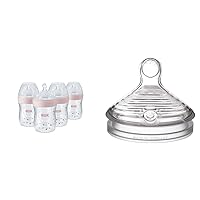 NUK Simply Natural Baby Bottle with SafeTemp, 5 oz, 4 Pack, Pink Hearts & Simply Natural Slow Flow Baby Bottle Nipples, 2 Pack