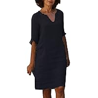 joysale Women's Casual Cotton Mini Dress Solid Color Retro Short Sleeve Holiday Dresses V Neck Vintage Dress Over 50