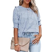 Womens Blouses Half Sleeve Shirred Tops Crewneck Lace Textured Flowy Casual Shirts