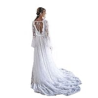 Tsbridal Full Lace Boho Wedding Dress A-Line Bell Long Sleeve Princess Bride Gown Backless Vintage Robe Mariage