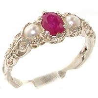 925 Sterling Silver Real Genuine Ruby and Cultured Pearl Womens Band Ring