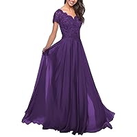 Mother of The Bride Dresses Long Chiffon Lace Applique Formal Evening Gown Short Sleeves Prom Dress for Women