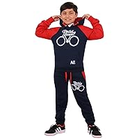 Boys Girls Pedal Power Print Navy & Red Tracksuit Hoodie With Bottom Joggers Sweatpants Activewear Set Childrens