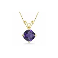 Natural Amethyst Cushion Solitaire Pendant in 14K Yellow Gold Available in 5mm - 10mm