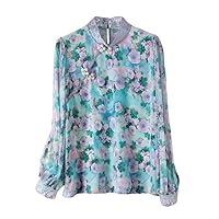 Women's Blous Silk Floral Embroidery Printed Long Sleeve Mock Neck Top 2708