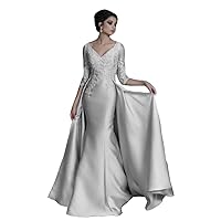 Women's Mermaid Long Sleeves Mother of The Bride Dress with Overskirt Formal Evening Gowns