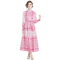 Vintage Floral Print Stand Mock Neck Bow Tie Ribbon Long Sleeve Women Ladies Casual Party Vacation Maxi Dresses