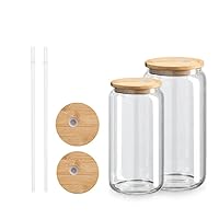 6 Pack 16oz Clear Sublimation Glass Blanks with Bamboo Lid, Sublimation Glass Cups Transparent Can Shaped Beer Cup with Lid and Straw, Straight Sublimation Tumblers for Iced Coffee Milk Juice
