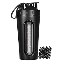 Protein Shaker Bottle, Stainless Steel Shaker Cup, Sports Mixer Water Bottle, Visible Window, Leak Proof, No BPA with Mixing Ball for Gym Fitness Workout, 28 Ounce, Black
