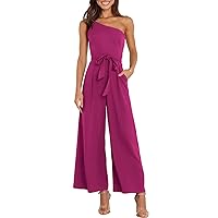 ANRABESS Women's Summer Dressy One Shoulder Sleeveless Tie Waist Backless Casual Wide Leg Jumpsuit Rompers Pockets