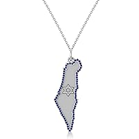 Allurez Blue Sapphire Israel Map Charm Pendant Necklace 14K White Gold (0.37ct)