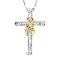 Diamond Cross Necklace in Sterling Silver, 14kt Yellow or Rose Gold Plate, or 2-Tone Silver and 14k Gold Plate - 18 Inch Box Chain