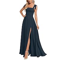 Women's Chiffon A-line Leg Slit Square Neck Evening Party Dress with Pocket/Bow