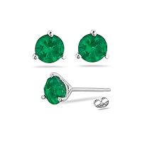 Natural Round Emerald Stud Earrings Martini Setting in Platinum From 3MM - 5.5MM