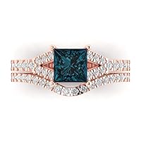 Clara Pucci 2.11ct Princess Cut Solitaire Real London Blue Topaz Designer Art Deco Statement Wedding Curved Ring Band Set 18K Rose Gold