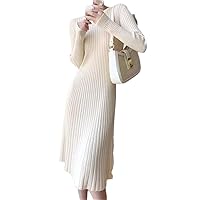 Knitted Sweater Midi Dress for Women Long Sleeve Casual Bodycon Solid O-Neck Dresses
