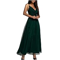 Wrap V Neck Maxi Tiered Dress for Women Sleeveless Spaghetti Straps Cocktail Evening Party Gown Mesh Swing Dresses