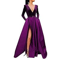 VeraQueen Women's Sexy V Neck Satin Prom Dress High Slit Long Sleeves Evening Dress Formal Gowns with Pockets Grape