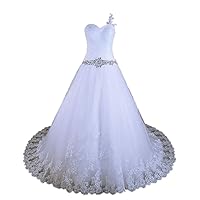 Women's One-Shoulder Beaded Waistand Lace Wedding Dress Bridal Gown