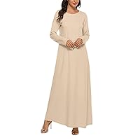 Womens Muslim Elegant Dresses Long Sleeve T Shirt Maxi Dresses Arabic Long Dress Plain Crewneck Arabian Islamic Clothes