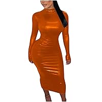 Womens Faux PU Leather Maxi Dresses Long Sleeve Mock Neck Bodycon Party Club Dress Slim Fit Solid Color Pencil Long Dress