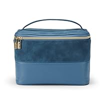 Conair Travel Makeup Bag, Large Toiletry and Cosmetic Bag, Perfect Size for Use At Home or Travel, Train Case Shape in Blue Suede-Like Material