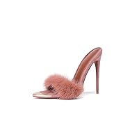 Frankie Hsu Women's Large Size Luxury Fluffy Mink Fur Stiletto Slipper Mules High Heeled Sandals