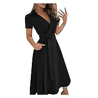 Womens Maxi Dresses Solid Color V-Neck Lacing Slim Body Wrap Hips Long Dress Casual Plain Half Sleeve Dress