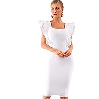 Women's Dress Dresses for Women Solid Exaggerate Ruffle Trim Zip Back Cocktail Party Bandage Fancy Dress (Color : White, Size : Medium)