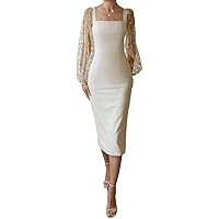 Elegant Women Y2K Midi Bodycon Dress Embroidery Mesh See-Through Long Sleeve Square Neck Cocktail Party Club Dress