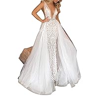 Women's Elegant Lace Mermaid Wedding Dresses for Bride with Detachable Train Bridal Ball Gown 2023