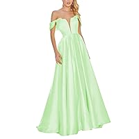 Prom Dresses 2021 Long V-Neck Satin Ball Gowns Off Shoulder A-Line Evening Dress Mint