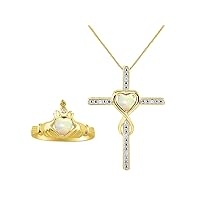 Rylos 14K Yellow Gold Claddagh Ring & Cross Necklace. Heart Gemstone & Diamonds, 6MM Birthstone. Perfectly Matching Gold Jewelry. Sizes 5-10.