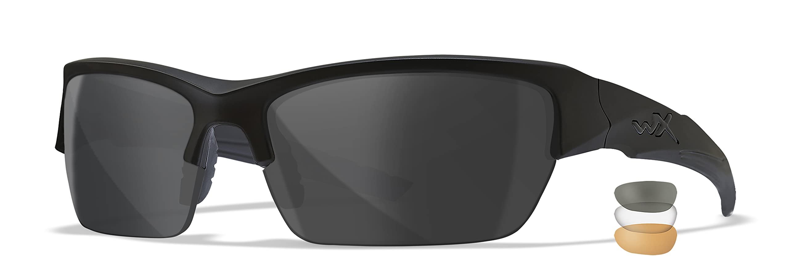 Wiley X WX Valor Tactical Sunglasses, Safety Glasses for Men and Women, Shatterproof UV Eye Protection for Combat, Shooting, Fishing, Biking, and Extreme Sports, Matte Black Frames, Grey, Clear, and Light Rust Tinted Lenses, Ballistic Rated